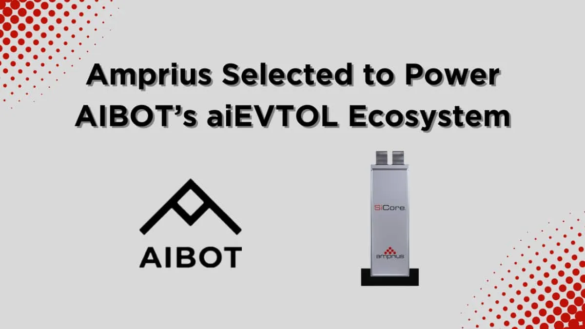A promotional graphic announcing Amprius's role in powering AIBOT’s aiEVTOL ecosystem, featuring logos and a battery image.