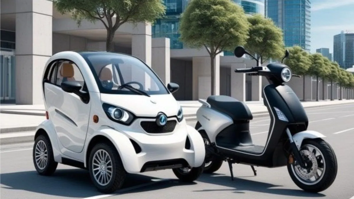 A compact electric car and a modern scooter are parked side by side on a city street lined with trees.