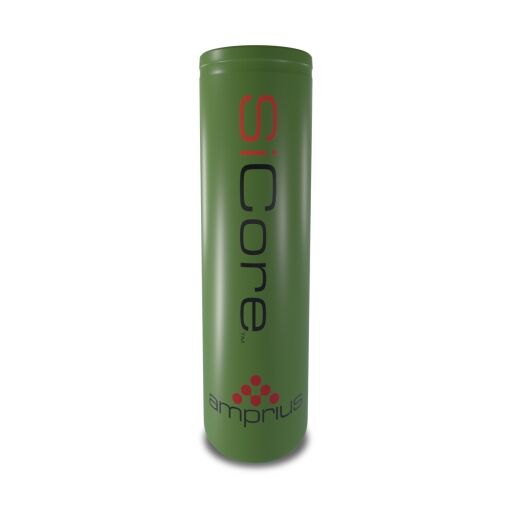 A green cylindrical container labeled 'SiCore' and 'amprius', indicating a product related to technology or batteries.