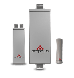 Three battery packs in varying sizes with a silver finish and the Amprius logo printed on them.