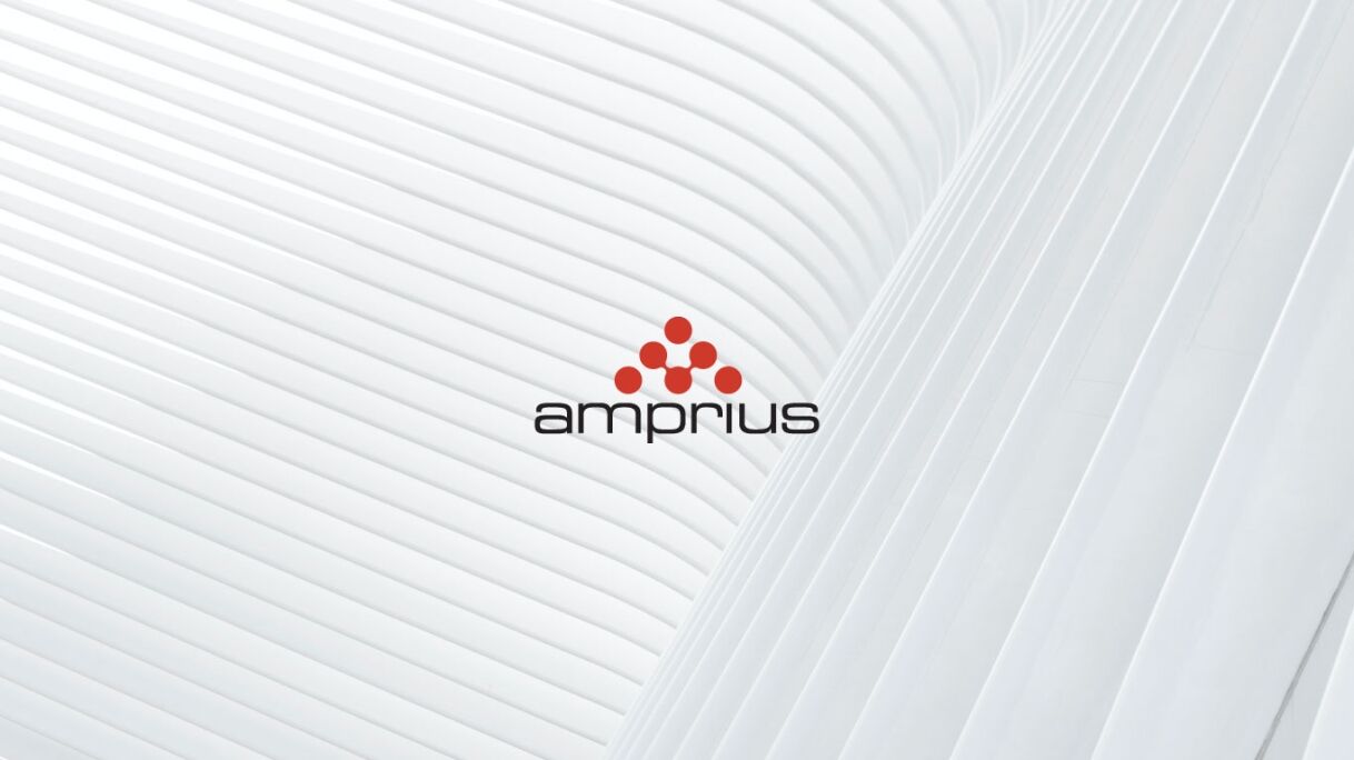 A minimalist design featuring white lines and the Amprius logo in black, accompanied by red dots, creating a modern aesthetic.