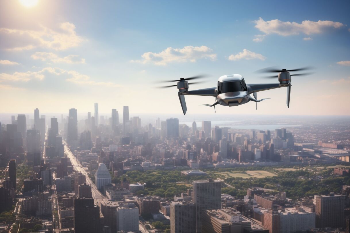 A futuristic aerial vehicle flying over a city skyline, showcasing urban landscapes under a bright sky.