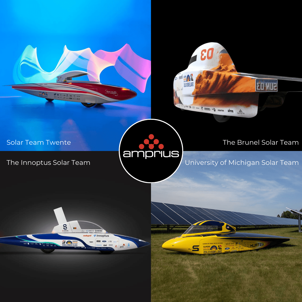 Four solar-powered racing cars from various teams, with vibrant colors and designs, showcased against distinct backgrounds, along with the Amprius logo in the center.