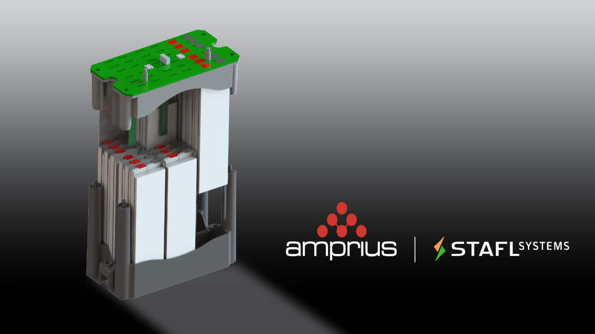 A battery module design featuring a green top and multiple cells, with logos for Amprius and Stafl Systems beside it.