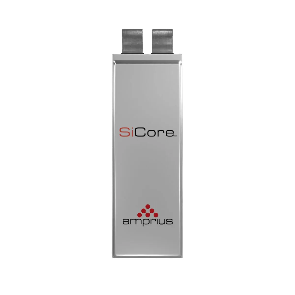 A sleek, silver battery labeled SiCore by Amprius, featuring two terminals at the top and modern branding.