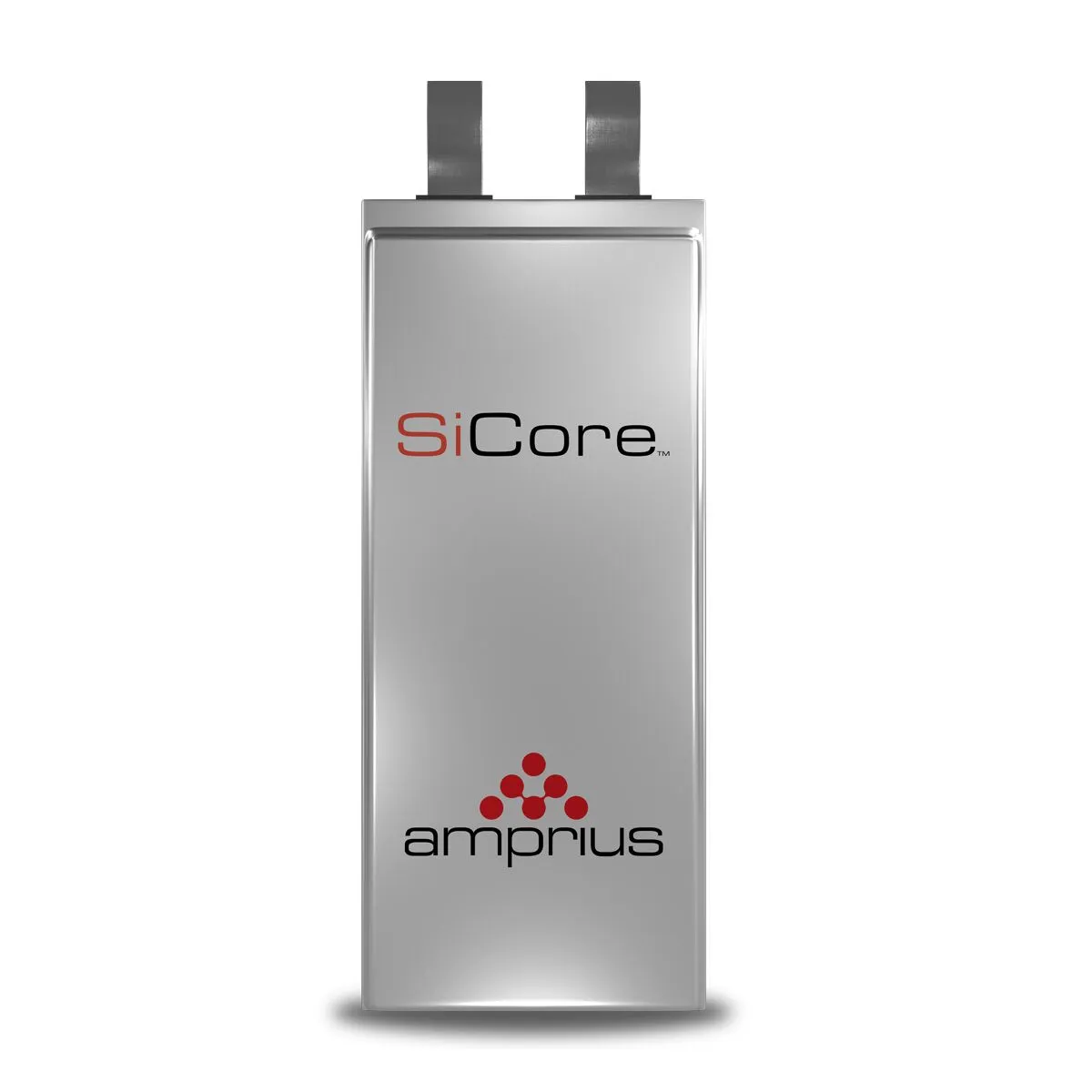 A sleek battery labeled 'SiCore' and 'amprius', showcasing a modern design with two terminals at the top.
