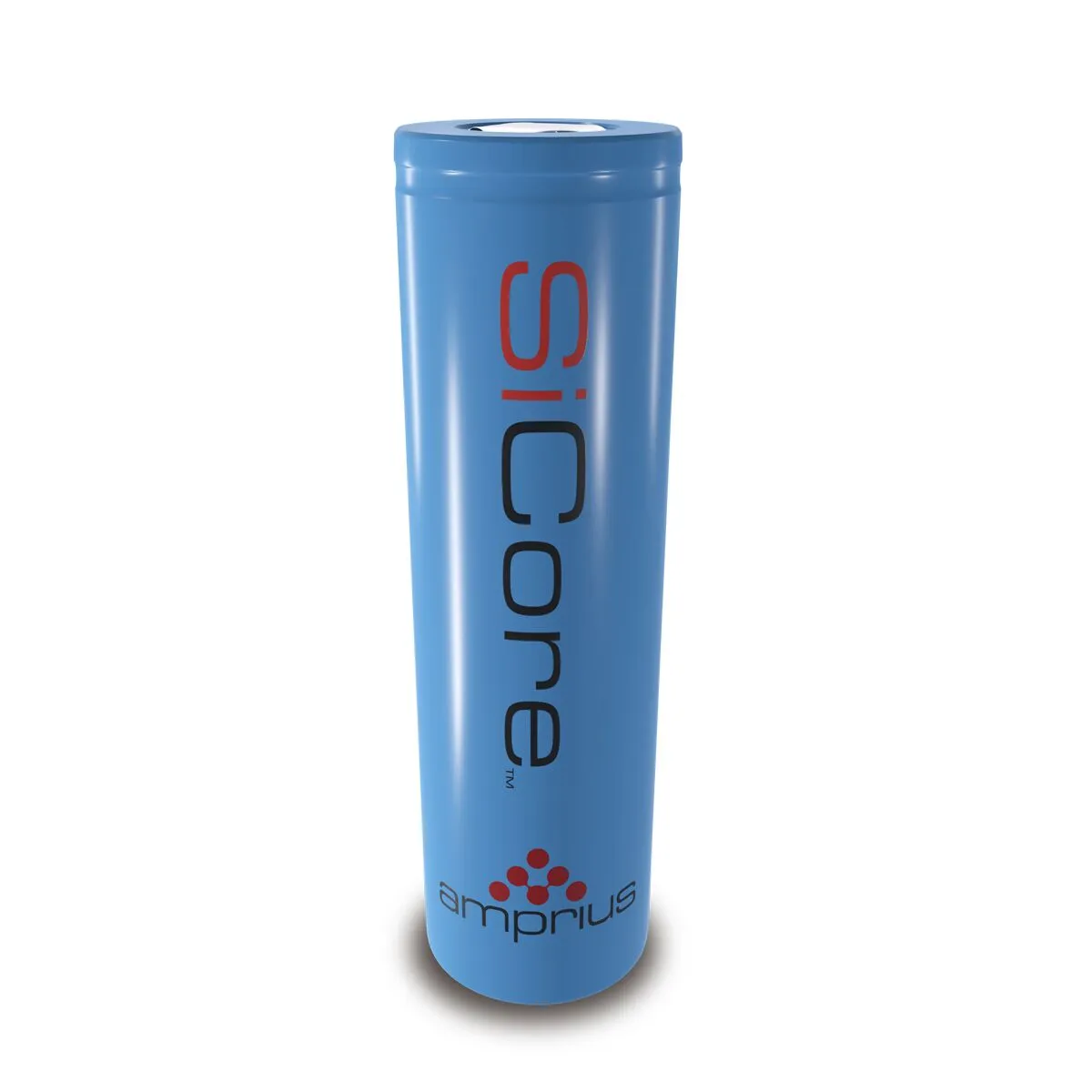 A cylindrical blue battery labeled 'SiCore' by Amprius, showcasing a sleek design and modern branding.
