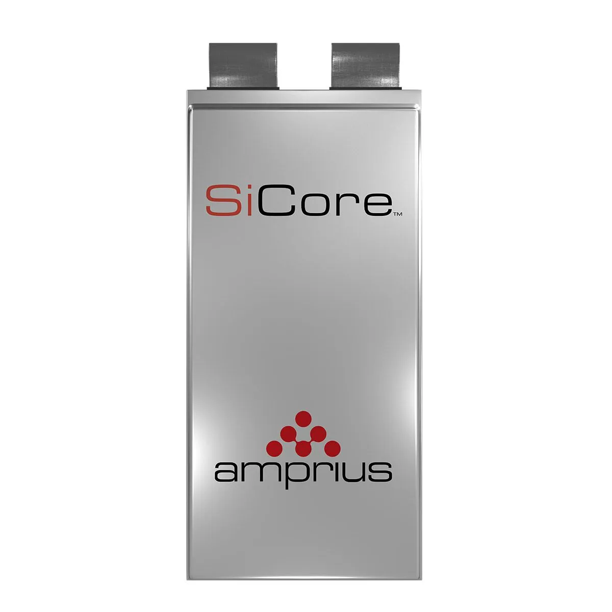 A sleek battery design with the branding "SiCore" and "amprius" prominently displayed on a metallic surface.