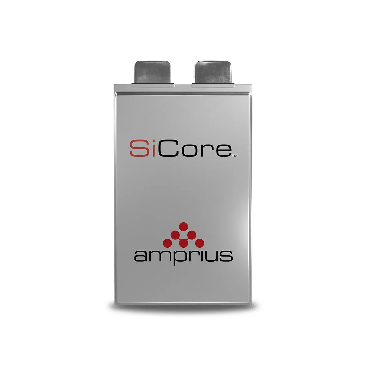 A sleek silver battery labeled SiCore and Amprius with a modern design emphasizing functionality and branding.