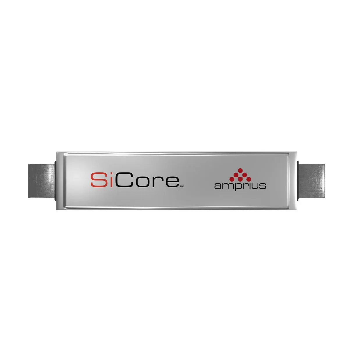 A sleek, metallic battery product labeled "SiCore" and branded "amprius," featuring a simple, modern design.
