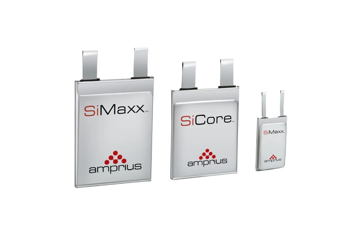 Three lithium-ion battery packs of varying sizes branded with 'SiMaxx', 'SiCore', and 'amprius' logos, showcasing a sleek and modern design.