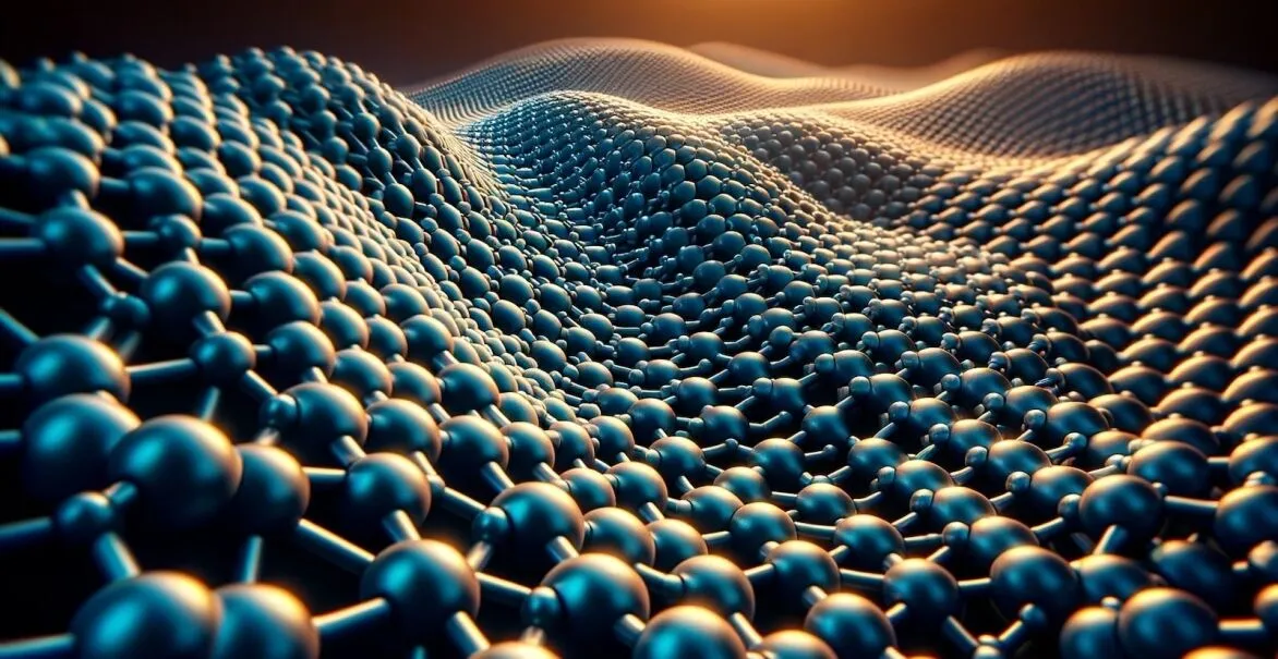 A close-up view of interconnected spheres resembling a molecular structure, creating a wave-like pattern under a warm light.