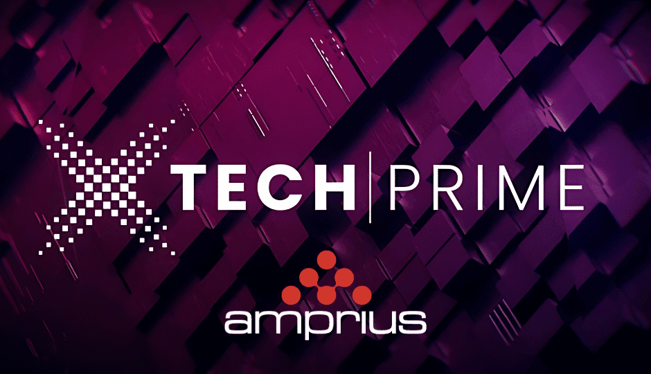 A graphic design featuring the text 'X TECH PRIME' alongside the Amprius logo, set against a modern, abstract purple background.