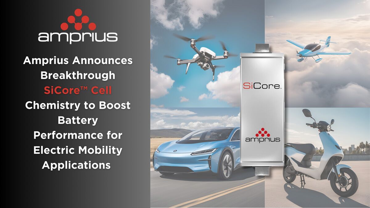 A promotional graphic by Amprius featuring their SiCore cell technology, showcasing electric vehicles, drones, and a scooter, emphasizing improved battery performance.