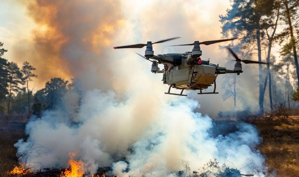 A drone hovers over a smoky landscape, with flames and trees visible, indicating a fire situation in a forested area.