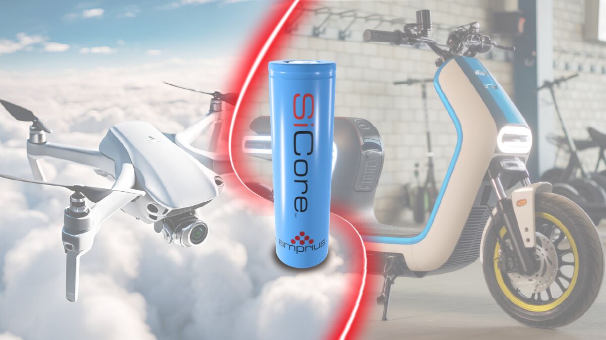 A drone flying through clouds is juxtaposed with a stylish electric scooter and a battery labeled SiCore, symbolizing advanced technology.