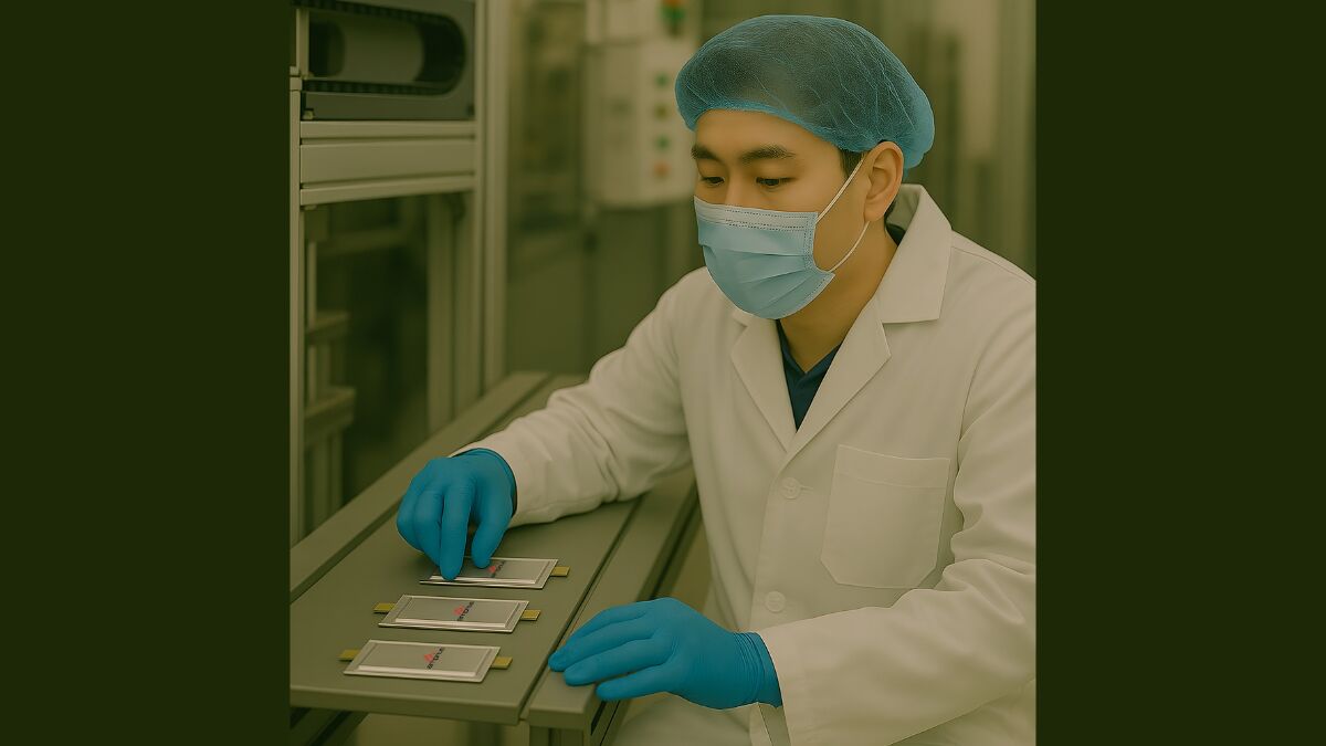 A laboratory worker in a white coat, gloves, and mask examines equipment on a table in a cleanroom environment.