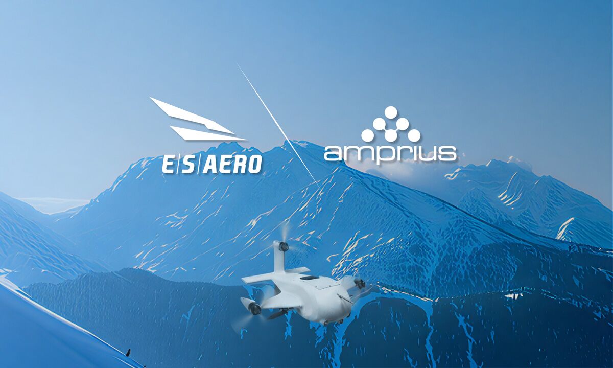 An aircraft flying over snow-covered mountains, accompanied by the logos of EIS Aero and Amprius.