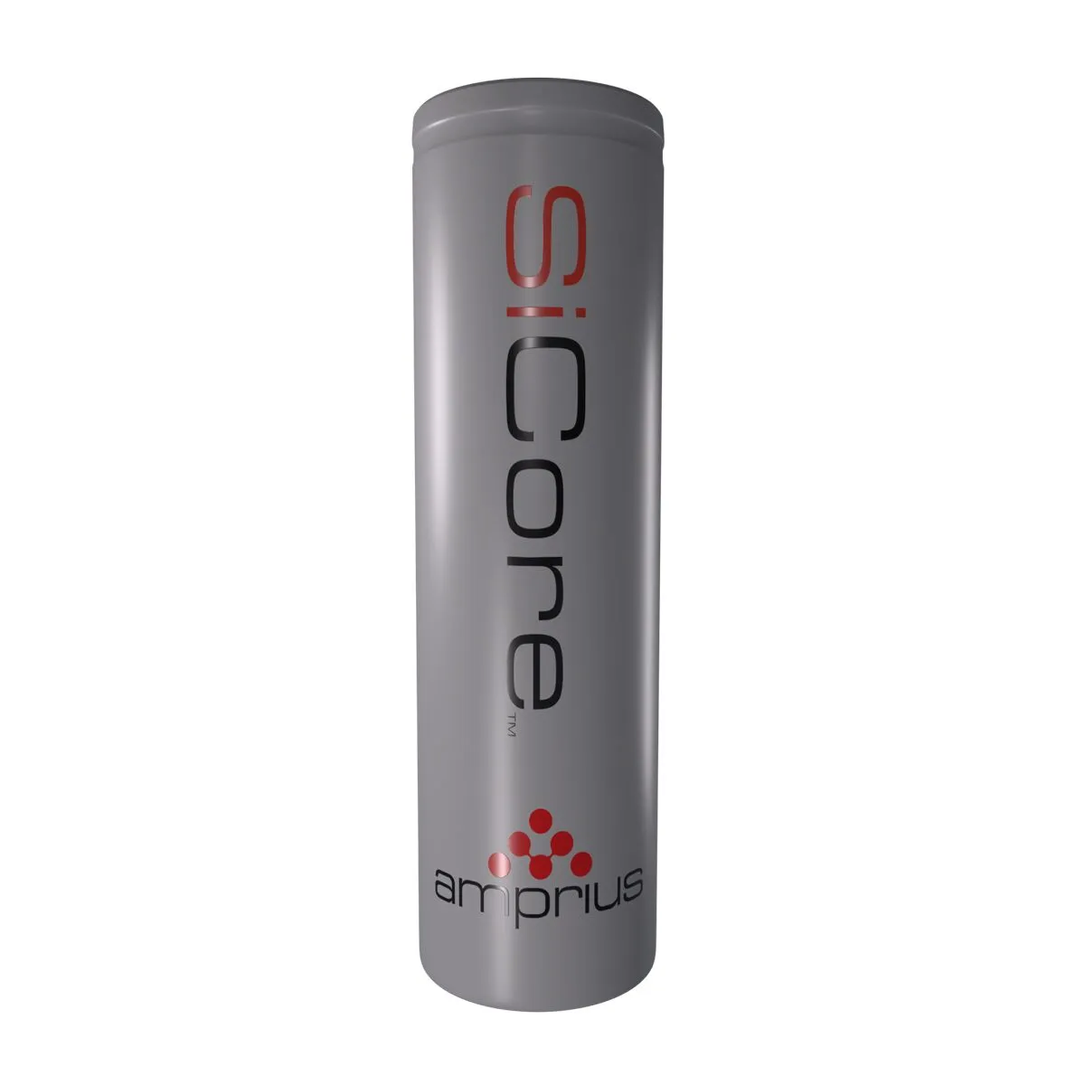 A sleek, silver cylindrical battery branded as SiCore by ampriüs, featuring bold black and red text.