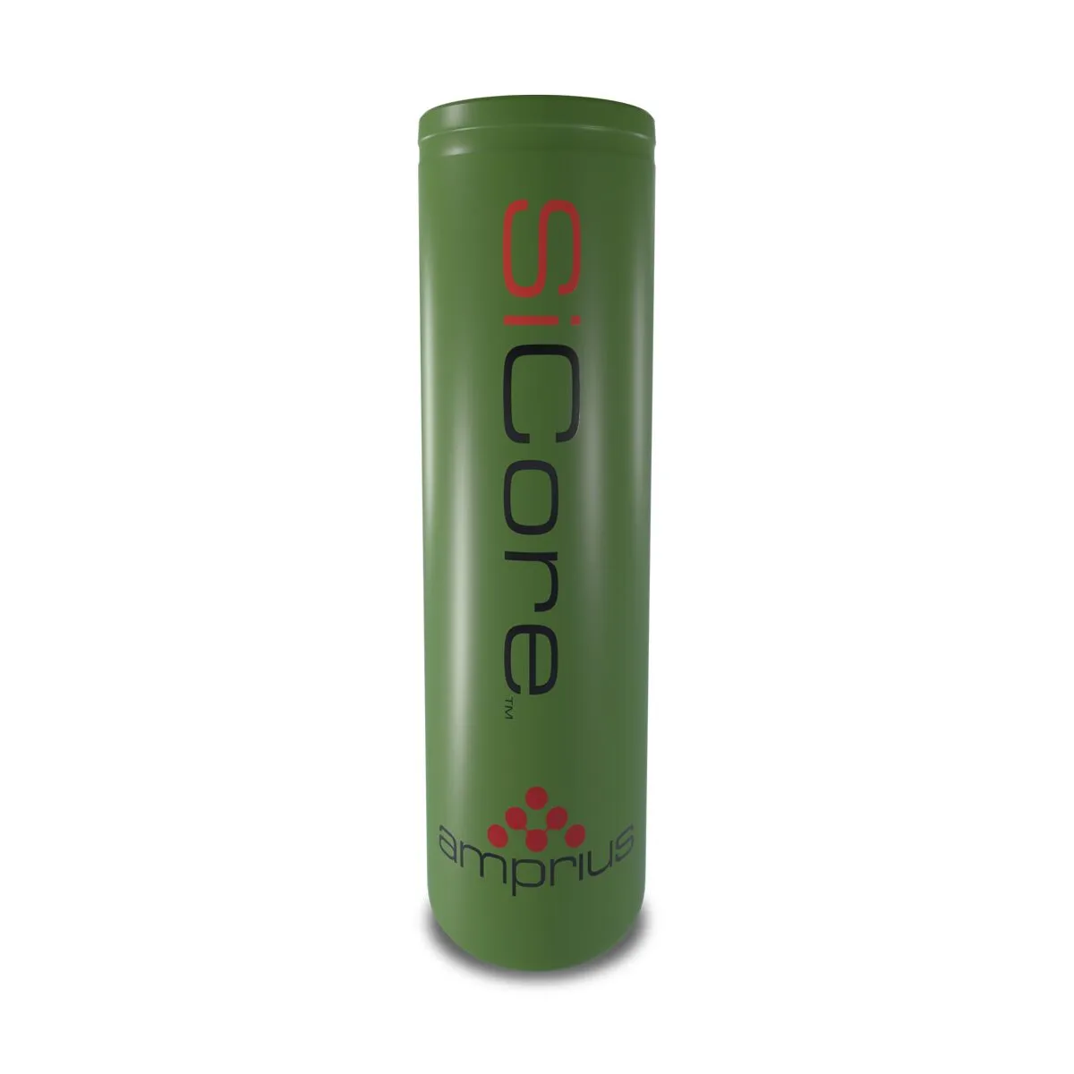A green cylindrical container labeled 'SiCore' and 'amprius', indicating a product related to technology or batteries.