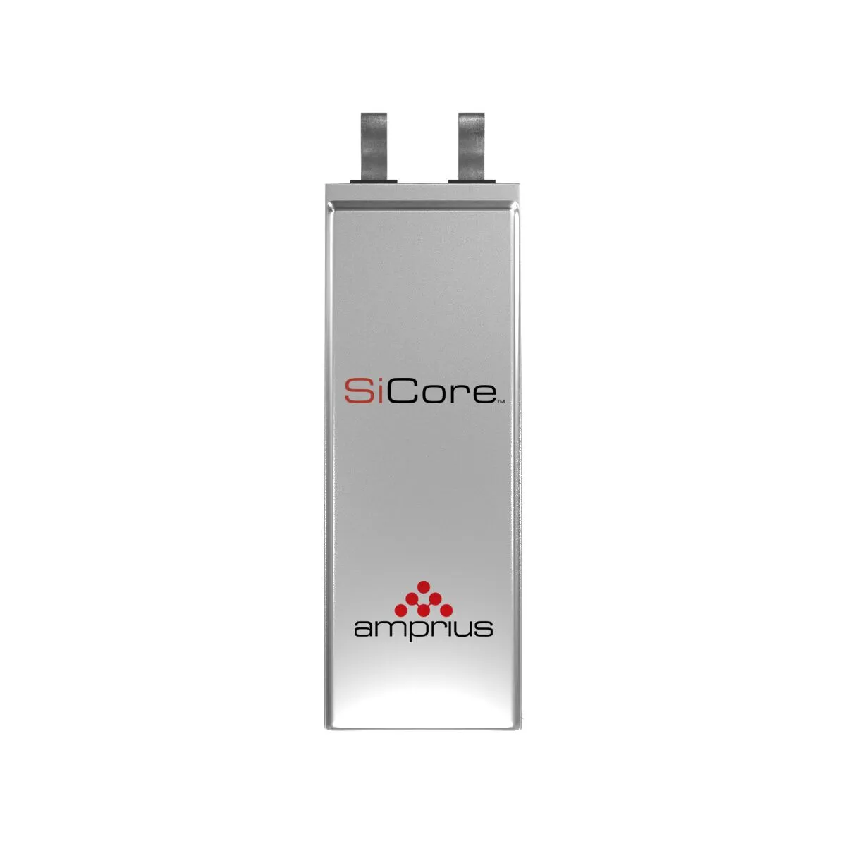 A sleek, silver battery with the label 'SiCore' and the logo of 'ampriis' at the bottom.