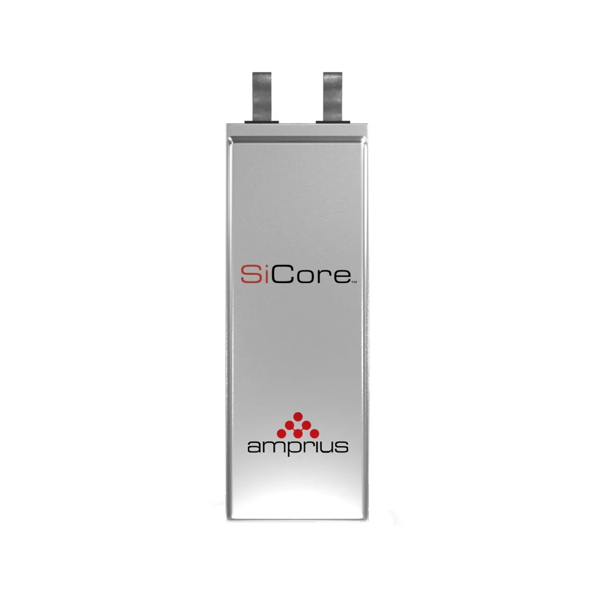 A silver battery with connectors on top, featuring the branding 'SiCore' and 'amprius.' It's designed for advanced energy storage applications.
