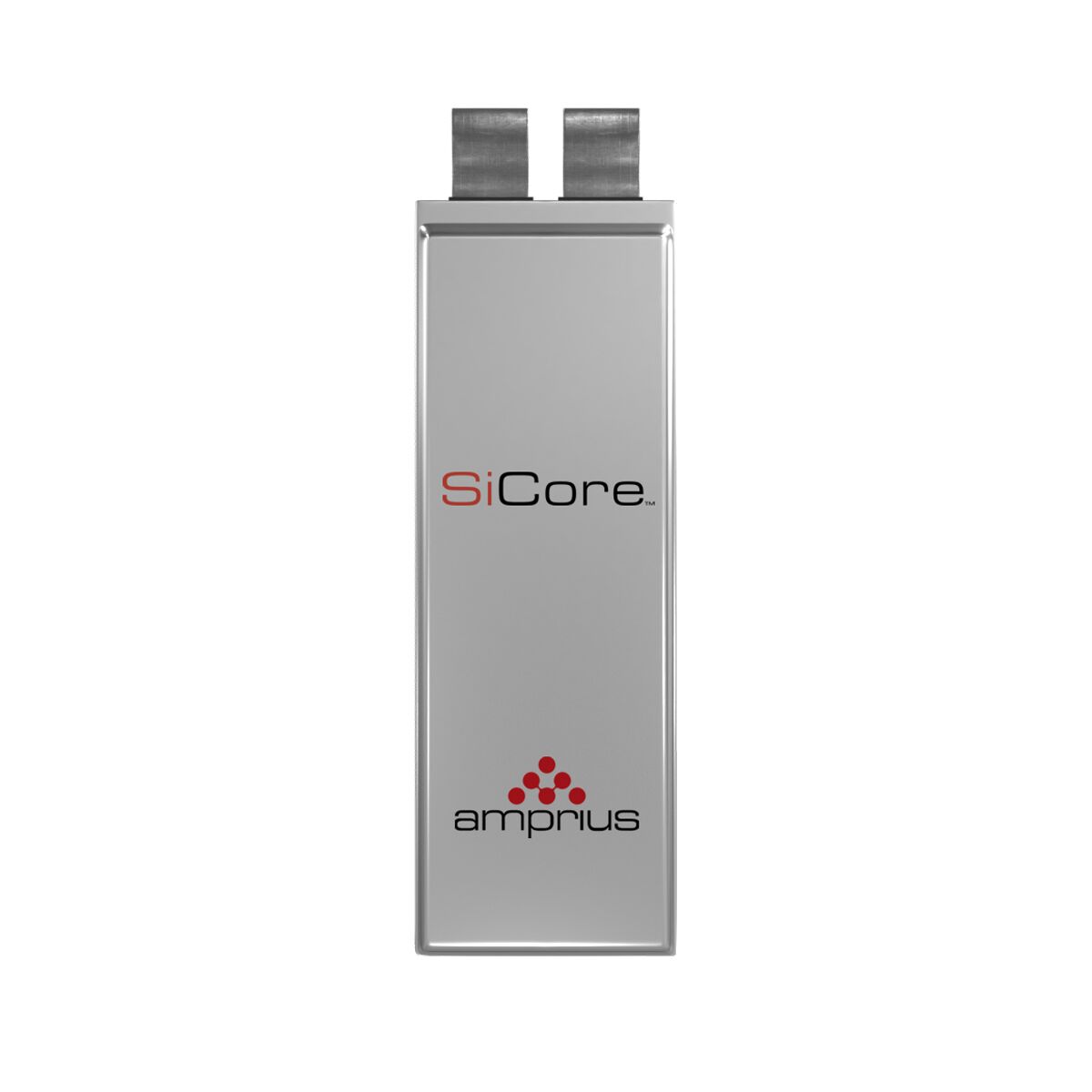 A sleek, silver battery labeled SiCore by Amprius, featuring two terminals at the top and modern branding.