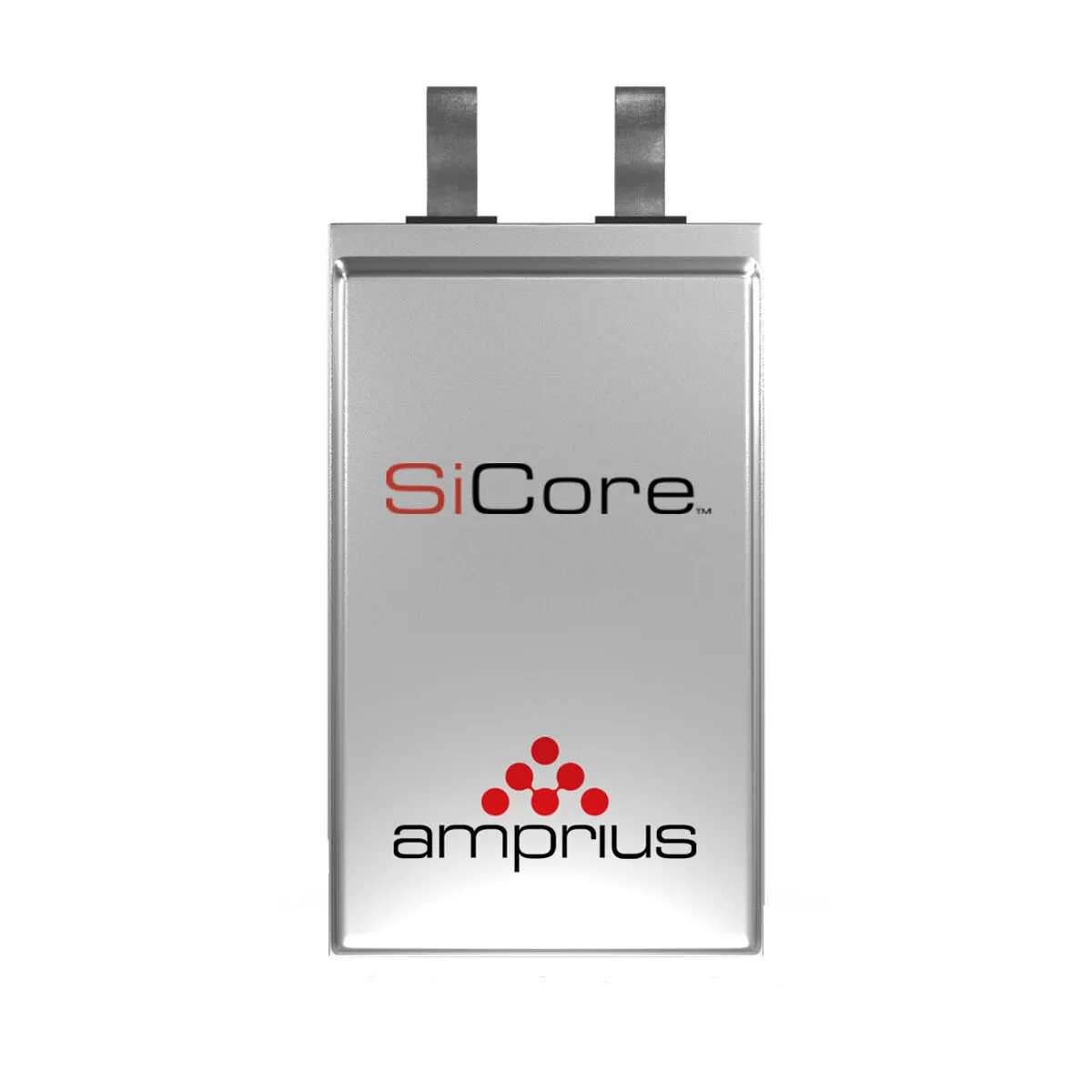A sleek, metallic battery with "SiCore" branding and the logo of "amprius" prominently displayed.