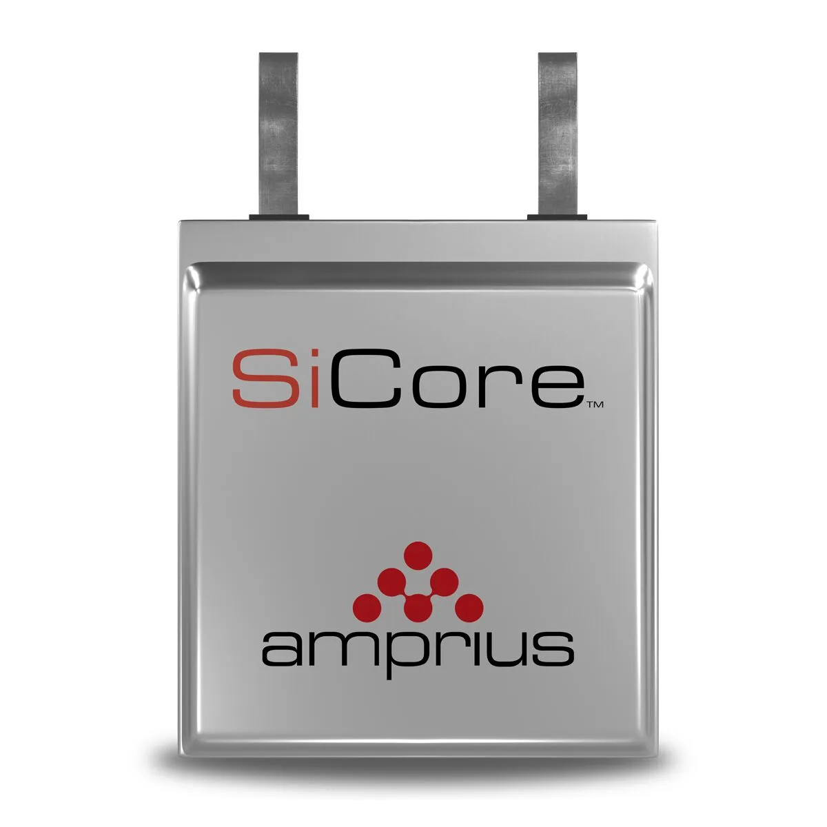 A silver rectangular battery with the label 'SiCore' and the logo of 'amprius' prominently displayed.