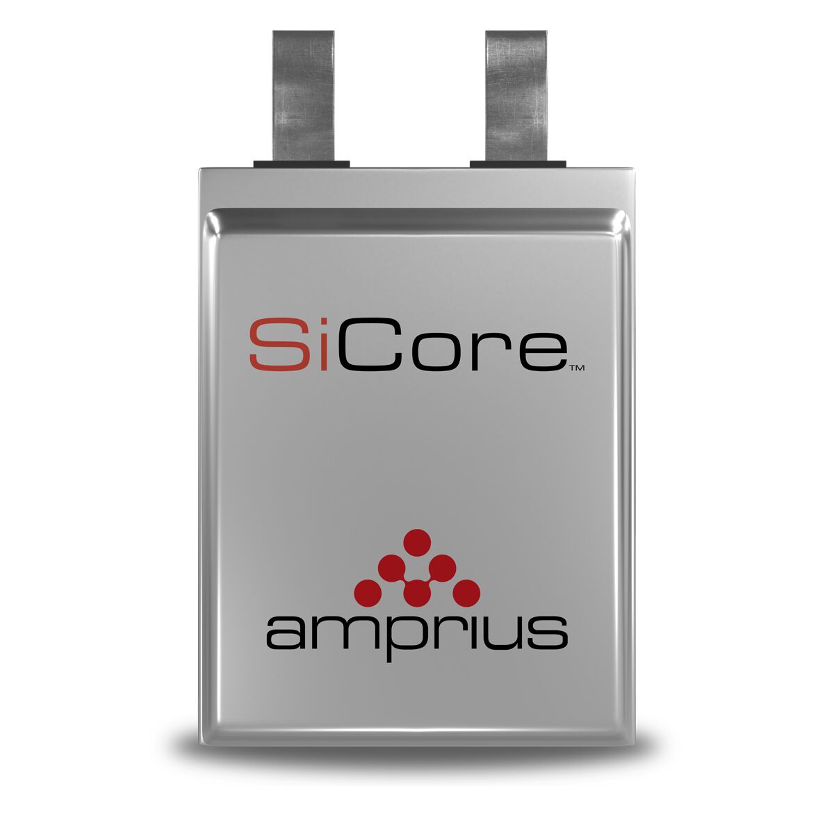 A sleek, silver battery with metal connectors, featuring branding for SiCore and Amprius.