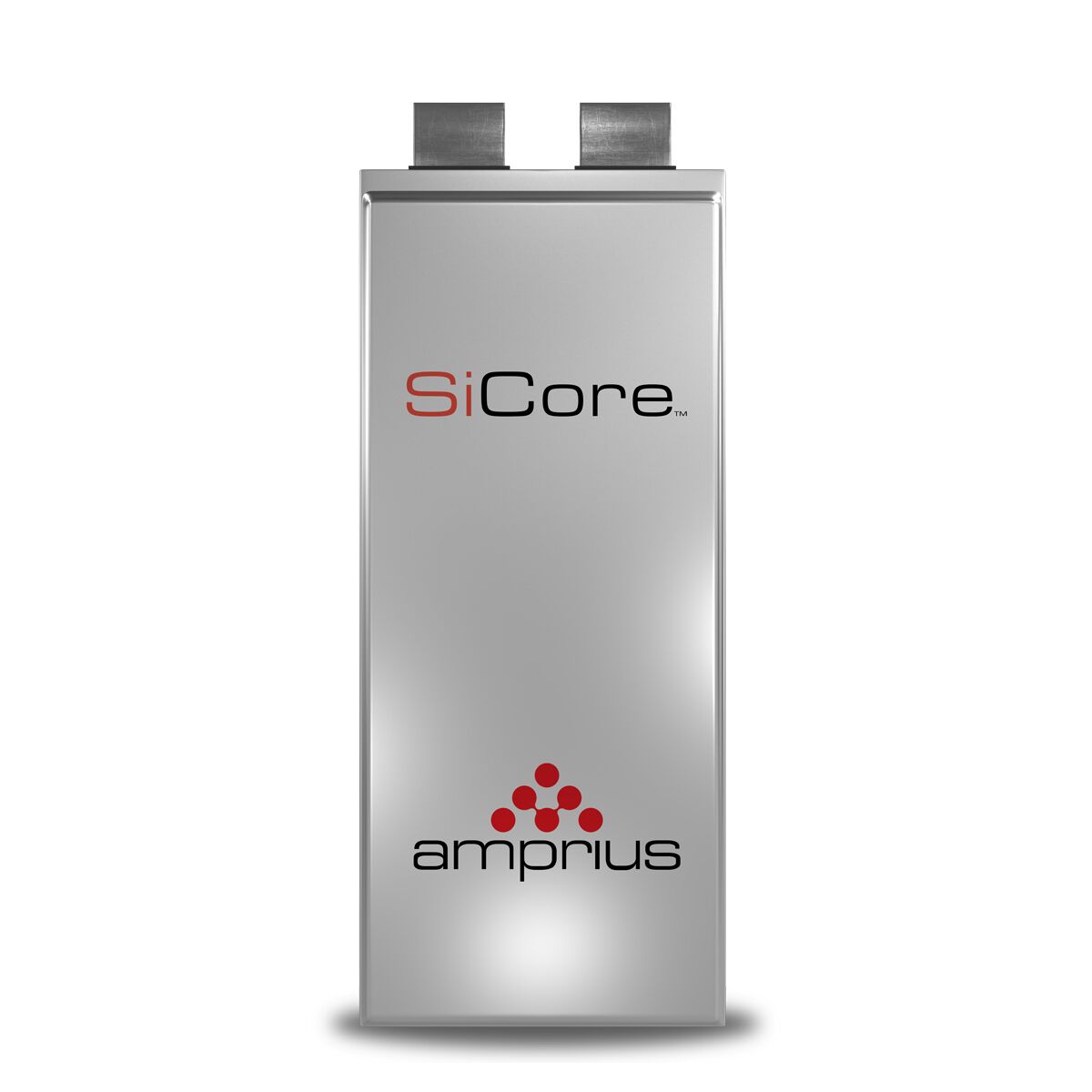 A sleek, silver battery labeled 'SiCore' by Amprius, featuring distinct connectors at the top and a simple modern design.