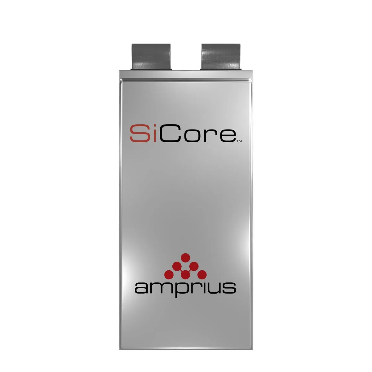A sleek battery featuring the SiCore brand logo by Amprius, with a polished metallic finish and visible connectors on top.