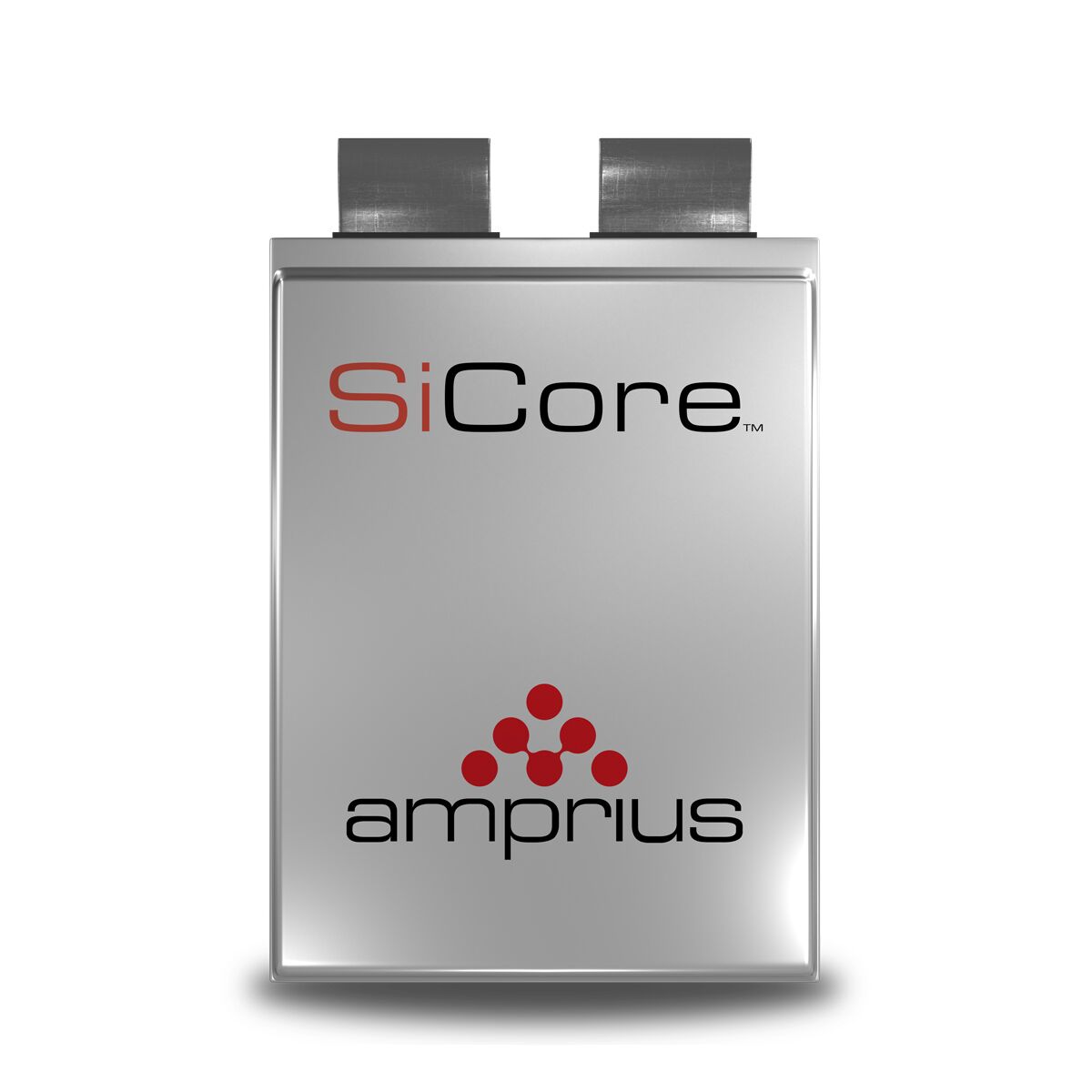 A silver battery with the brand name 'ampriuis' and the product name 'SiCore' prominently displayed.