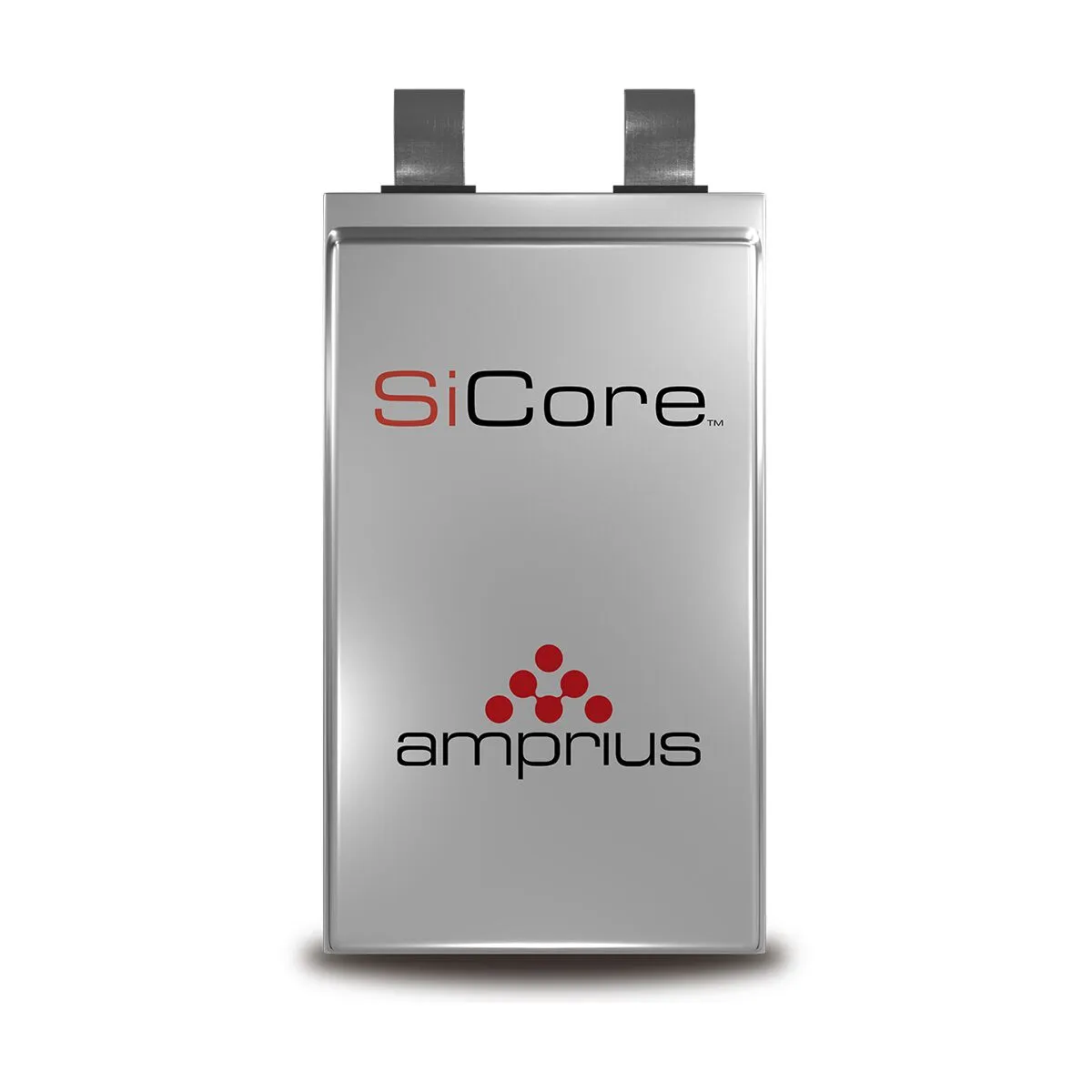 A sleek, silver battery with the inscriptions 'SiCore' and 'amprius', showcasing modern technology design and branding.