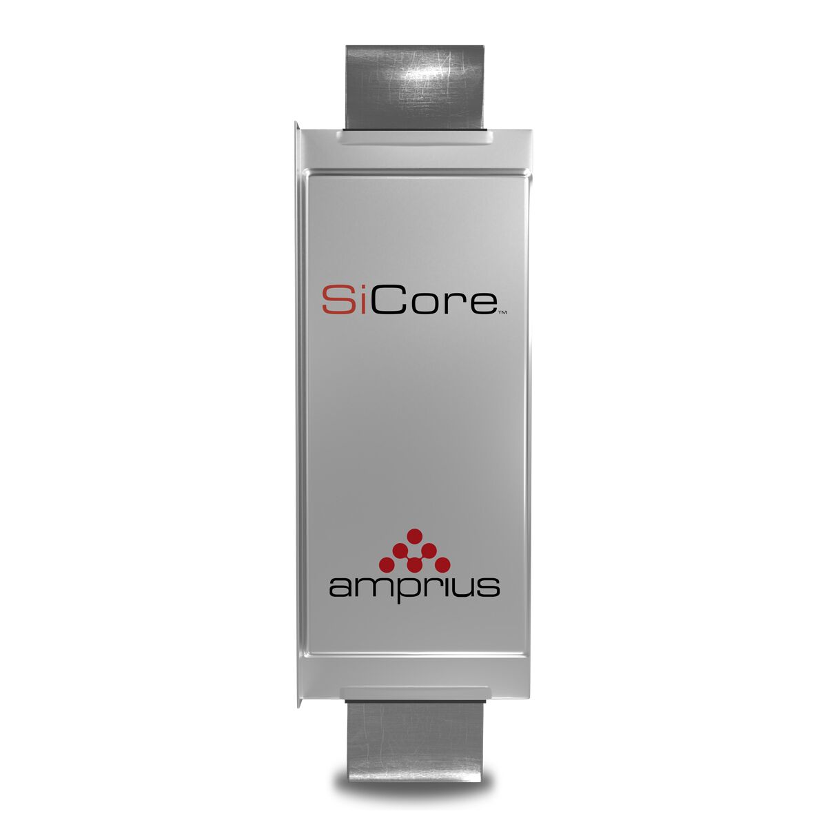 A sleek, metallic battery component branded with 'SiCore' and 'ampriuss', designed for advanced energy storage applications.