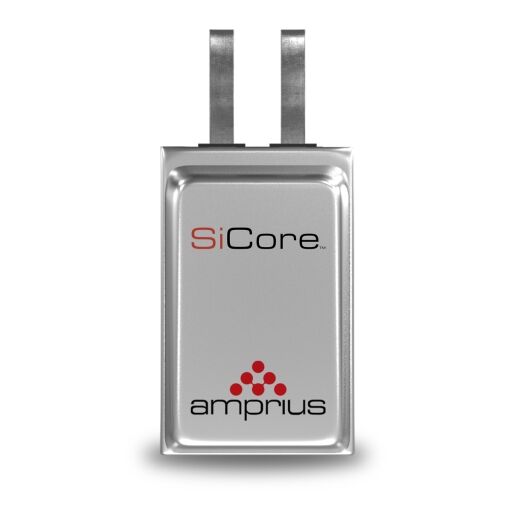A sleek silver battery with branding from Amprius, labeled SiCore, featuring two metal connectors at the top.