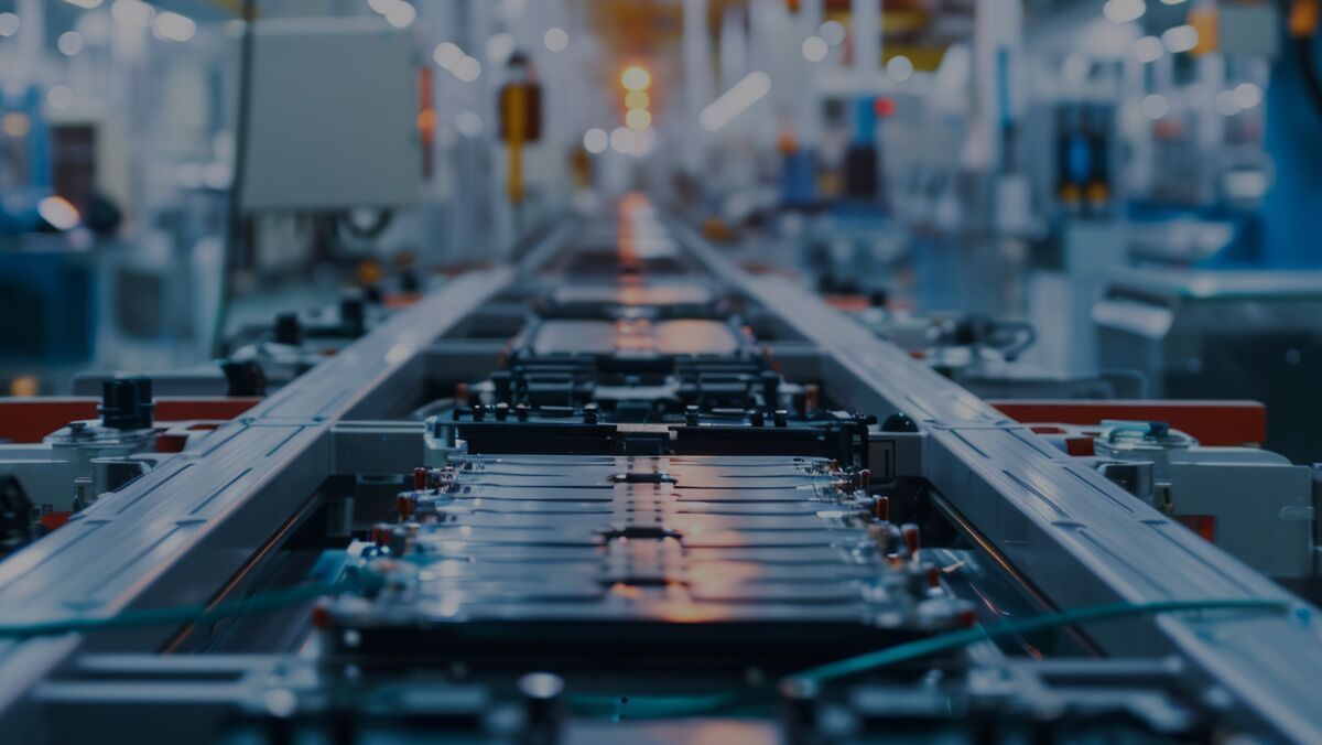 A well-lit industrial environment showcasing a conveyor belt with multiple battery packs ready for processing.