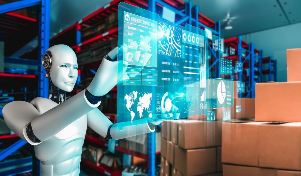 Industry humanoid robot working in warehouse, demonstrating a concept of artificial intelligence for industrial revolution and automation manufacturing process.