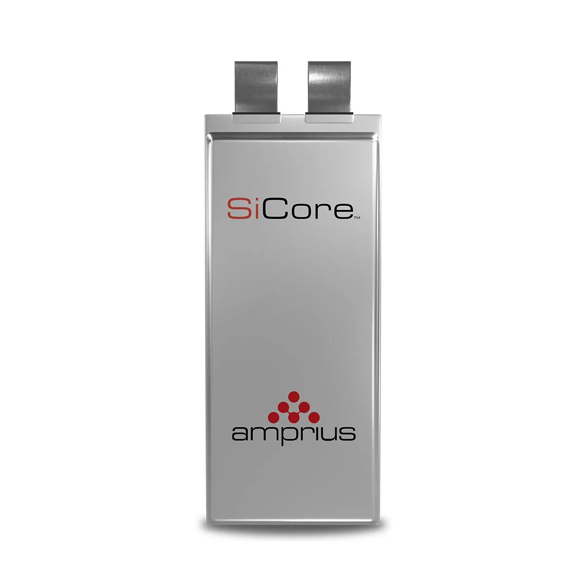 A metallic battery with the labels 'SiCore' and 'amprius' prominently displayed, showcasing a sleek and modern design.