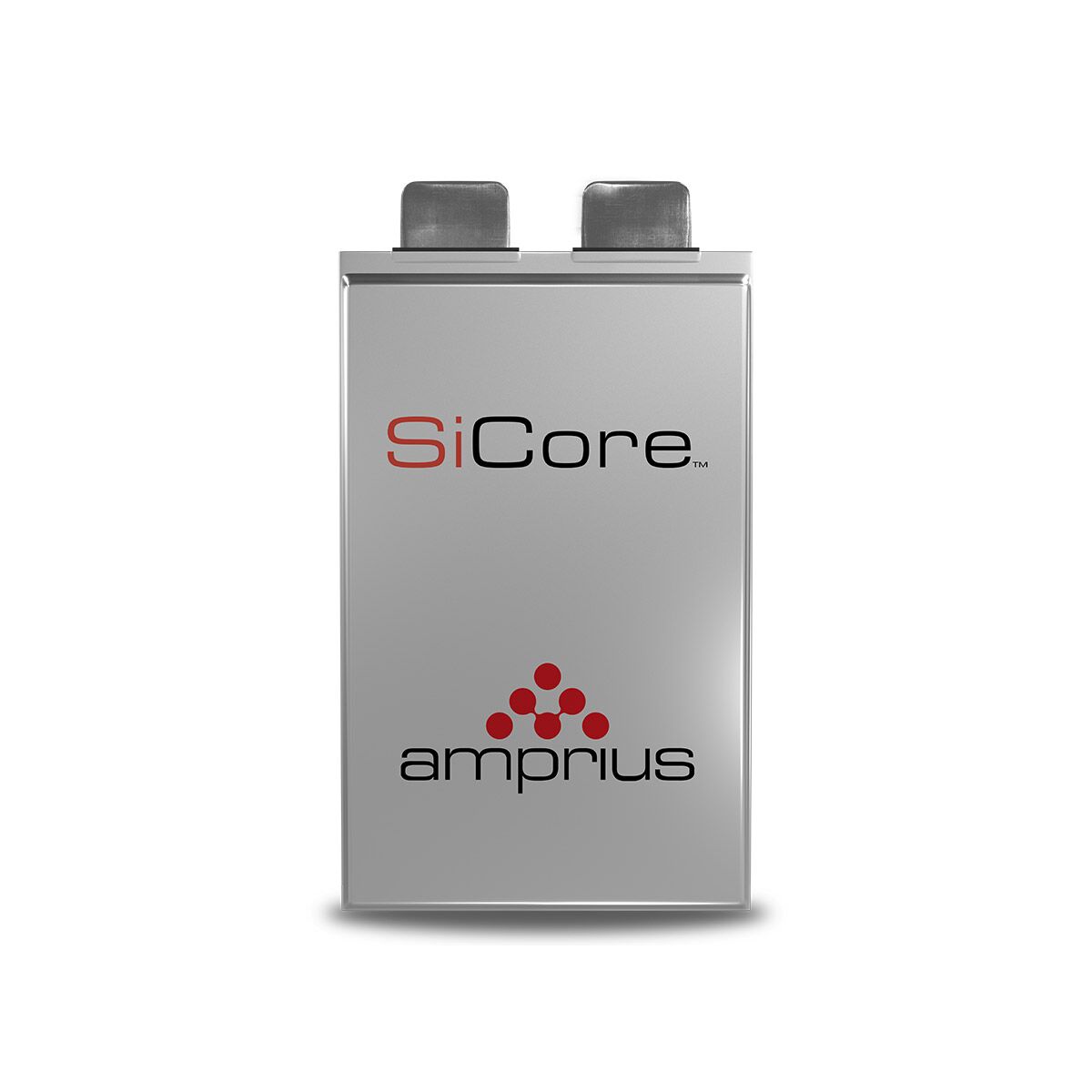 A sleek silver battery labeled SiCore and Amprius with a modern design emphasizing functionality and branding.