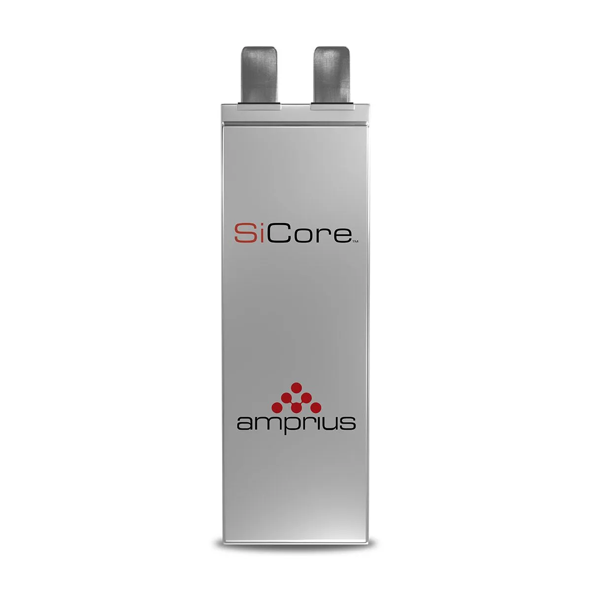 A sleek, silver battery with the labels 'SiCore' and 'ampri' displayed prominently on its surface.
