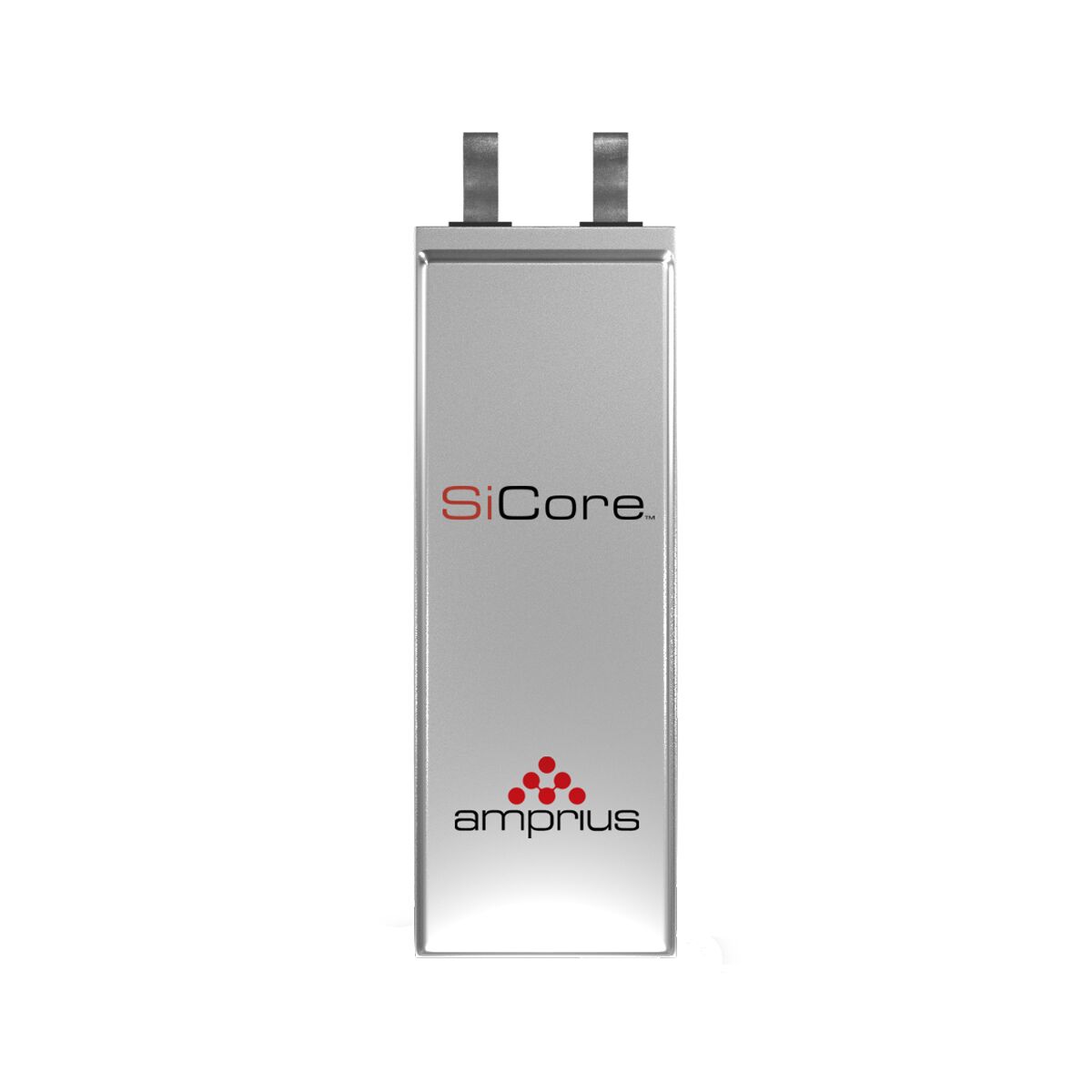 A silver battery with connectors on top, featuring the branding 'SiCore' and 'amprius.' It's designed for advanced energy storage applications.
