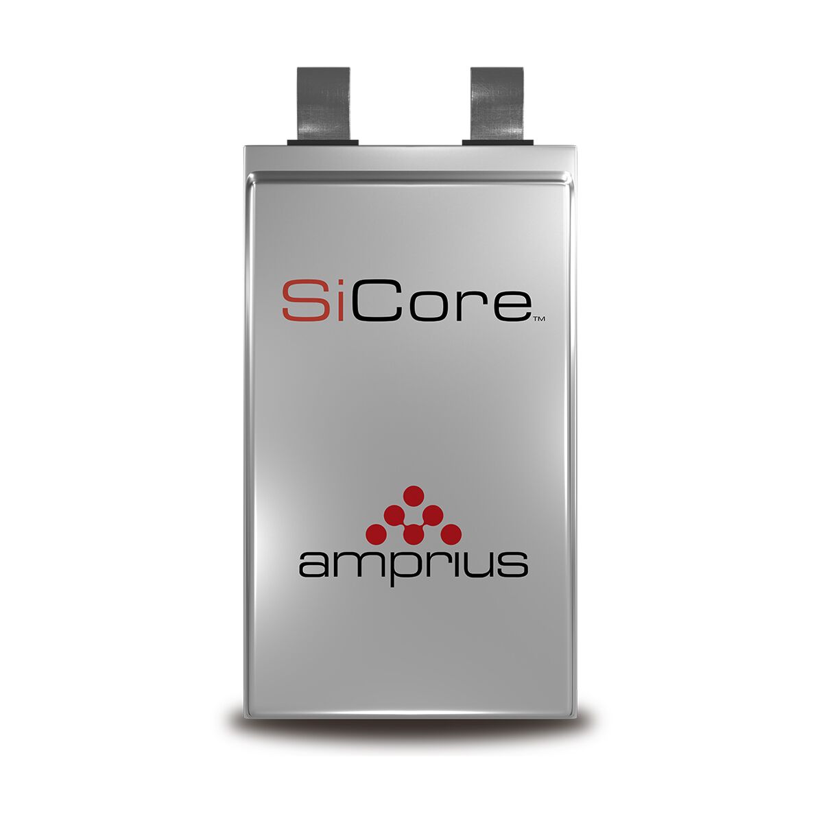 A sleek, silver battery with the inscriptions 'SiCore' and 'amprius', showcasing modern technology design and branding.