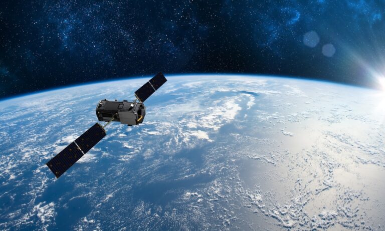Satellite soaring over Earth in a demonstration of high-energy satellite batteries.