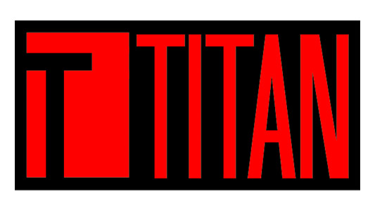 A bold logo featuring the word 'TITAN' in red letters against a black background, accented by a geometric shape.