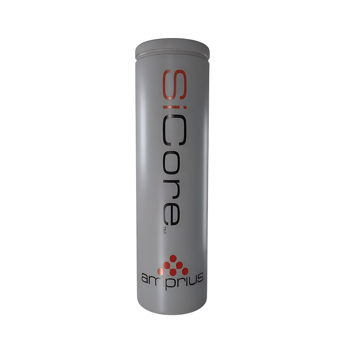 A cylindrical container labeled 'SiCore' by Amprius, showcasing a sleek design, predominantly in gray with black and red text.