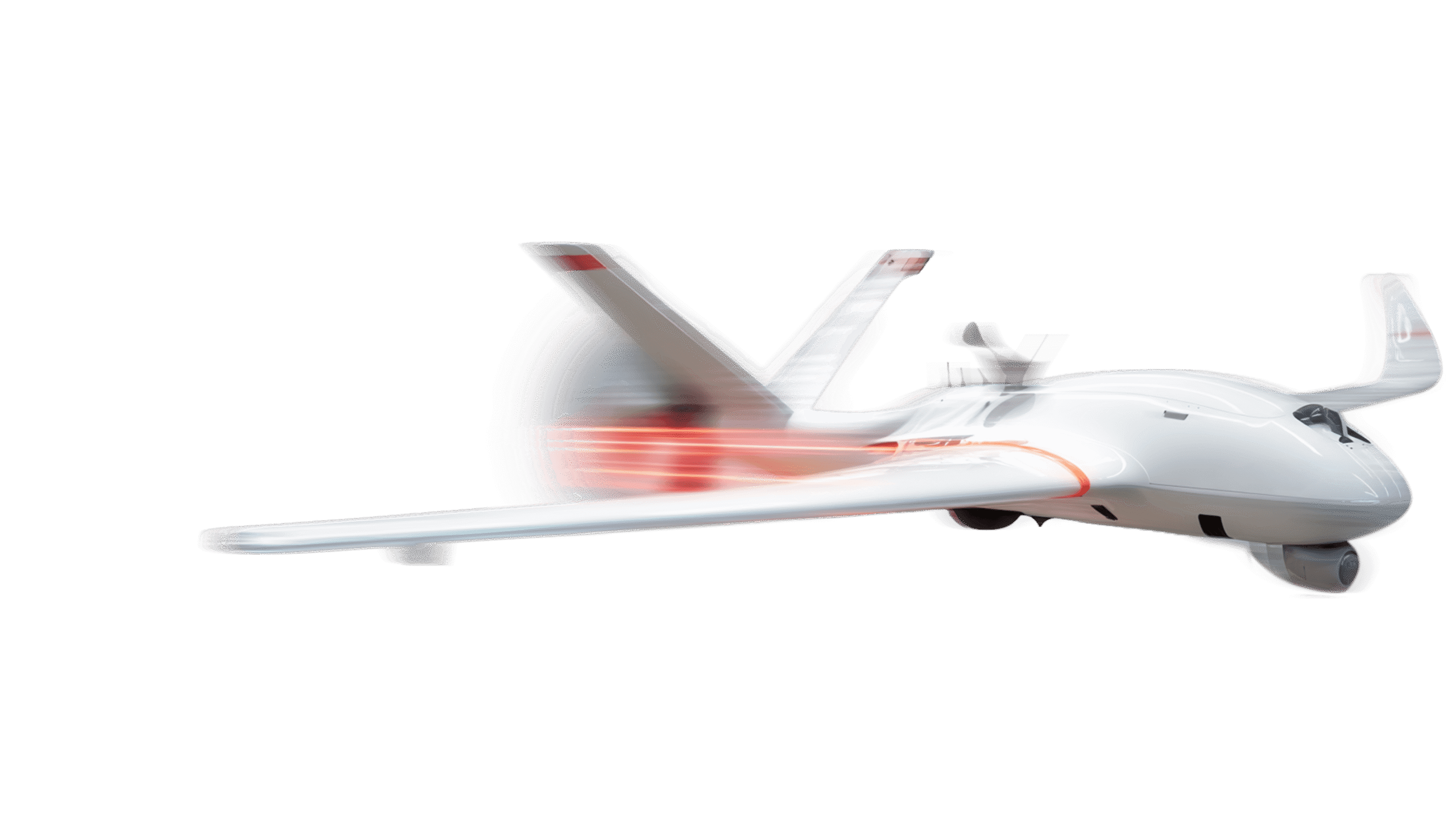 A sleek, futuristic aircraft with a smooth design and illuminated tail, showcasing its motion with blurred propeller effects.