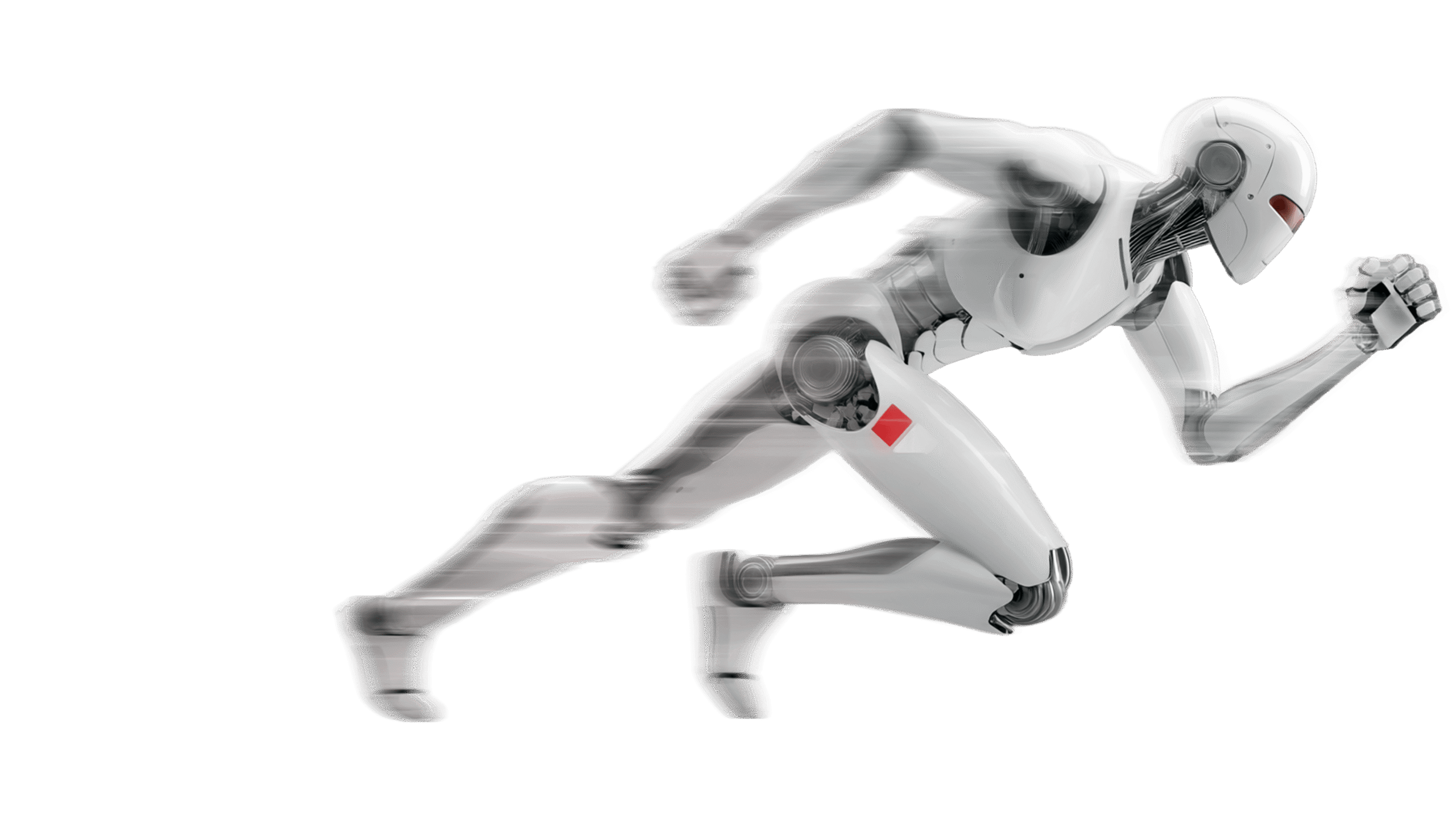 A futuristic humanoid robot is running with dynamic motion, showcasing sleek design and advanced mechanics.