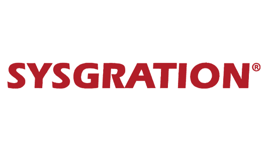 A bold, red logo featuring the word 'SYSGRATION' with a registered trademark symbol.